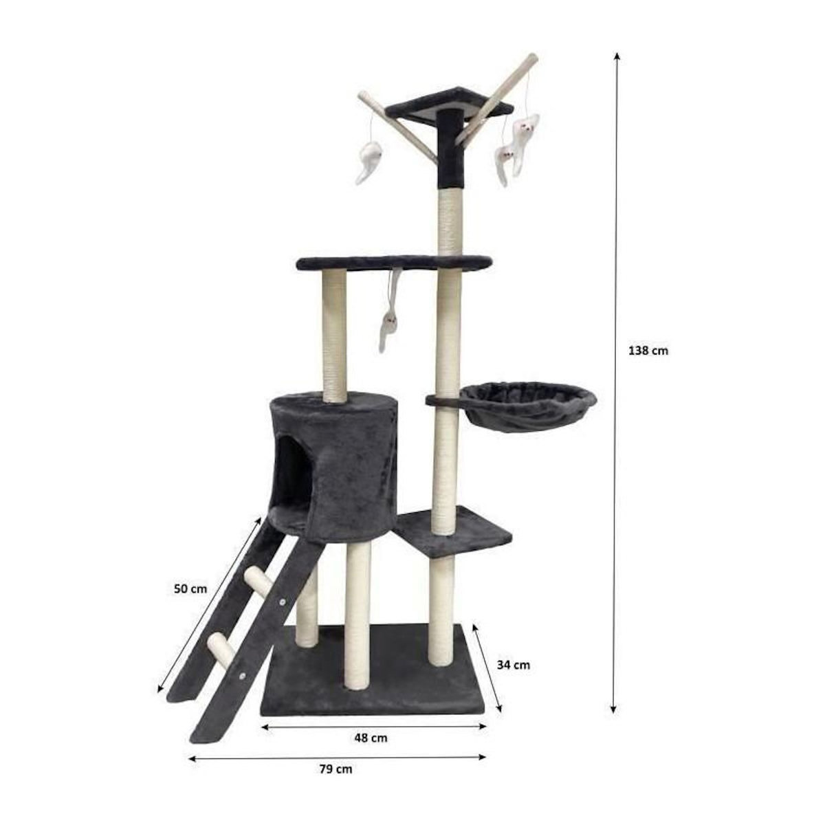 GENERIQUE Arbre a chat - 79 x 34 x 138 cm - JIPSY - Gris foncé - 3 plateformes, 1 perchoir, 1 niche, 1 escalier, poteaux a griffer