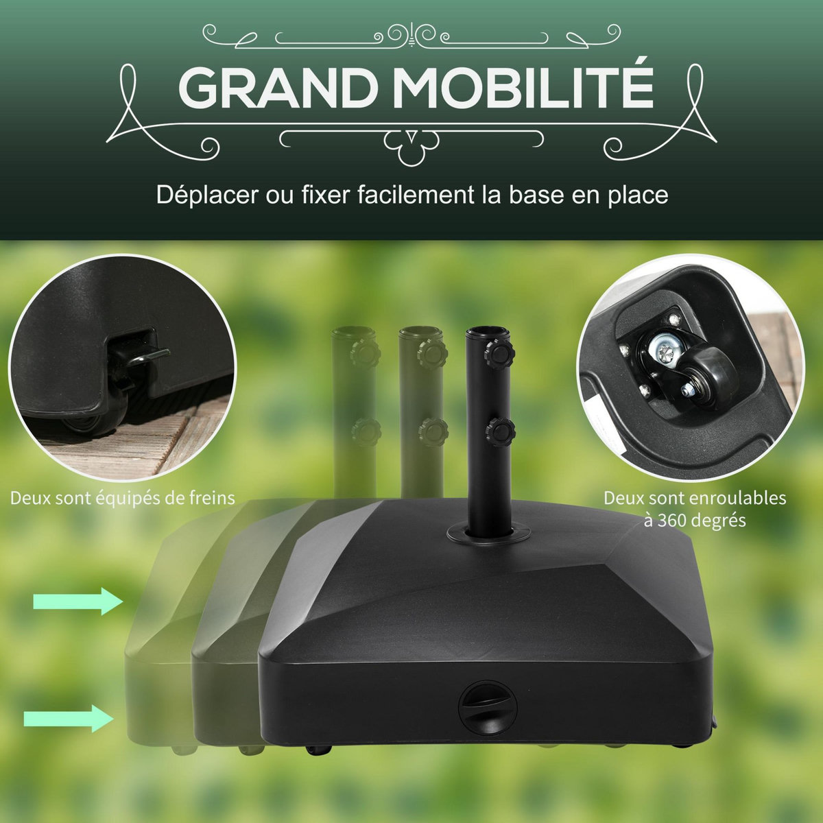 OUTSUNNY Pied de parasol carré à lester - dim. 54,5 x 54,5 x 48 cm - roulettes PE noir