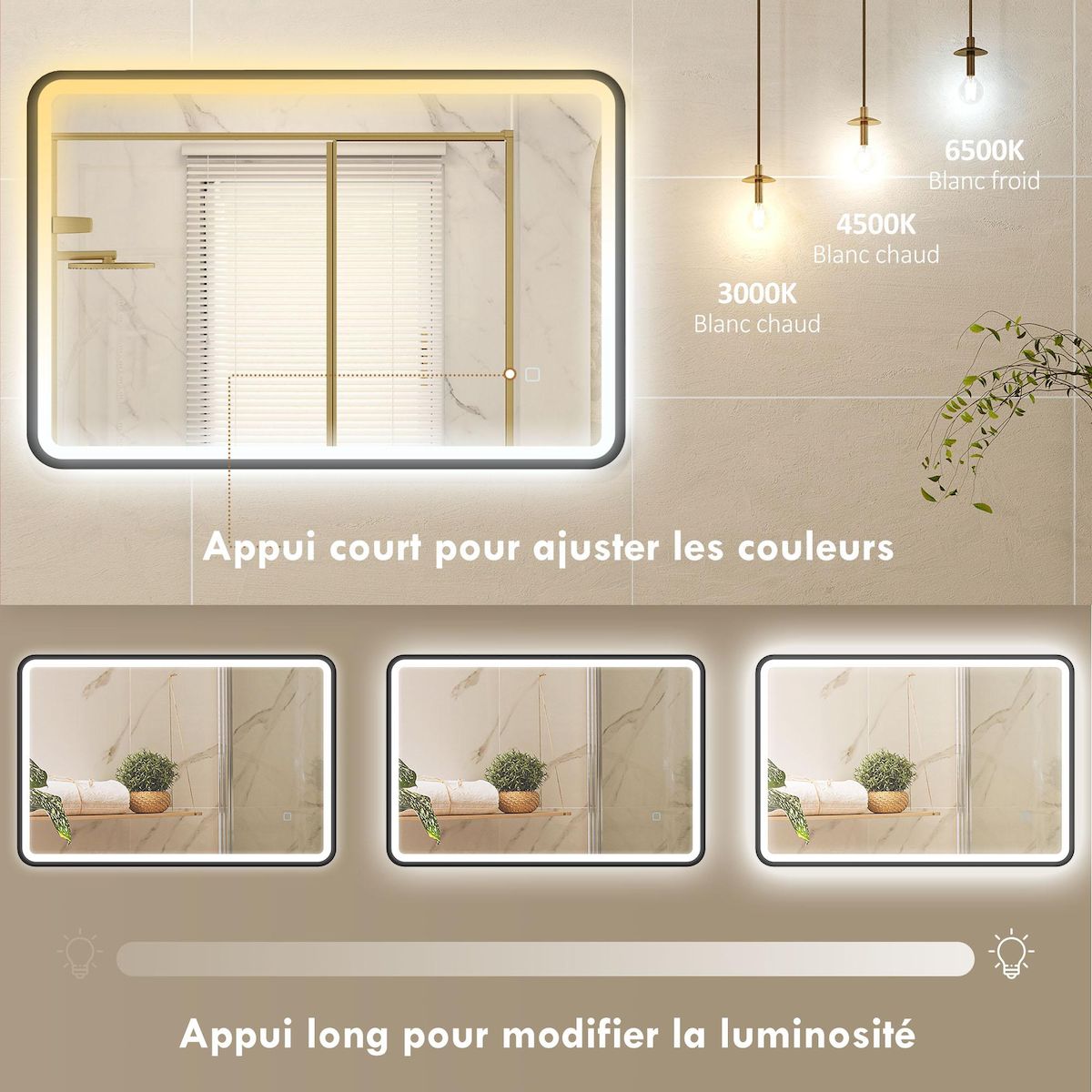 HOMCOM Miroir mural LED tactile réglable 44W fonction antibuée dim. 60 x 90 cm aluminium noir