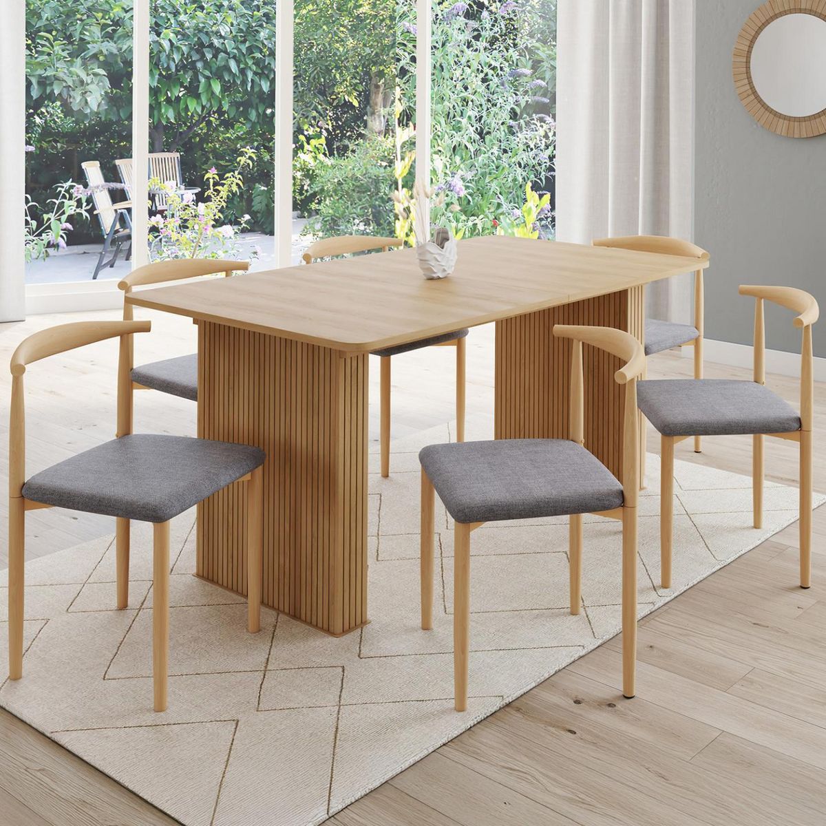 ID MARKET Lot de 6 chaises NOE en imitation bois et assise en tissu gris clair pour salle à manger