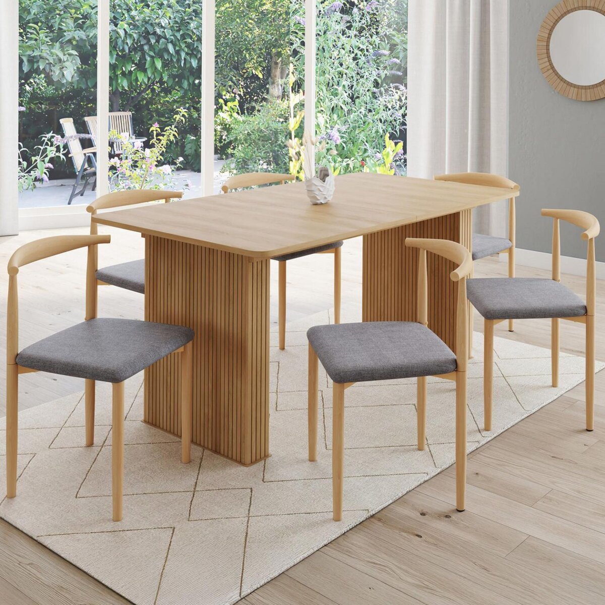 ID MARKET Lot de 6 chaises NOE en imitation bois et assise en tissu gris clair pour salle à manger