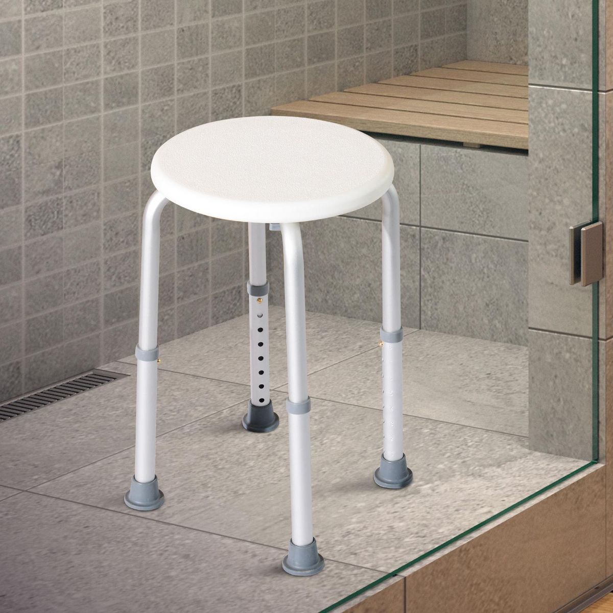 HOMCOM Tabouret de douche réglable en hauteur siège de douche ergonomique pieds antidérapants charge max. 136 Kg alu HDPE blanc