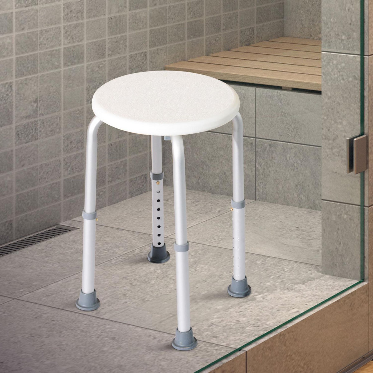 HOMCOM Tabouret de douche réglable en hauteur siège de douche ergonomique pieds antidérapants charge max. 136 Kg alu HDPE blanc