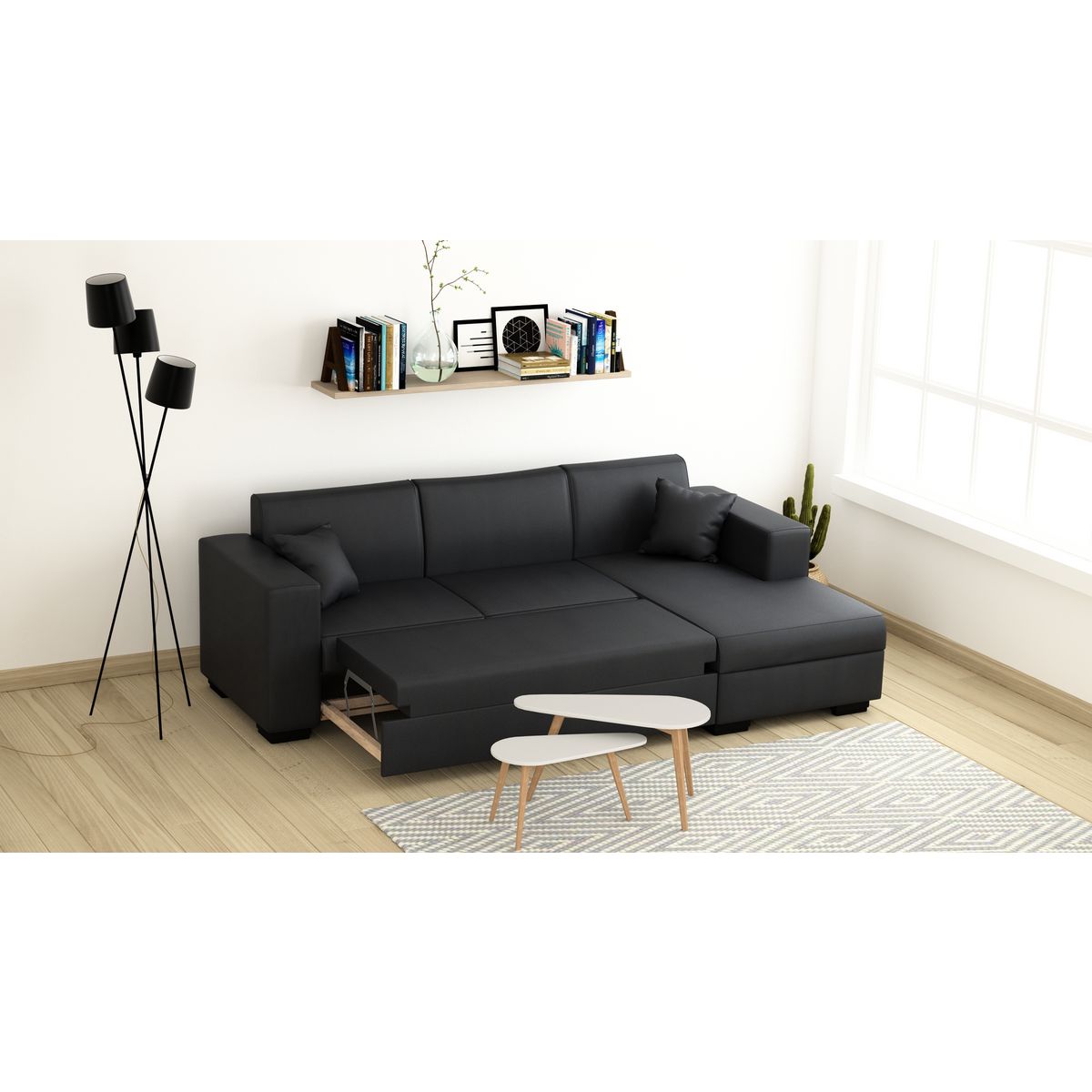 Canapé d'angle droit convertible 4 places avec coffre  de rangement revêtement PU CARIBEA 