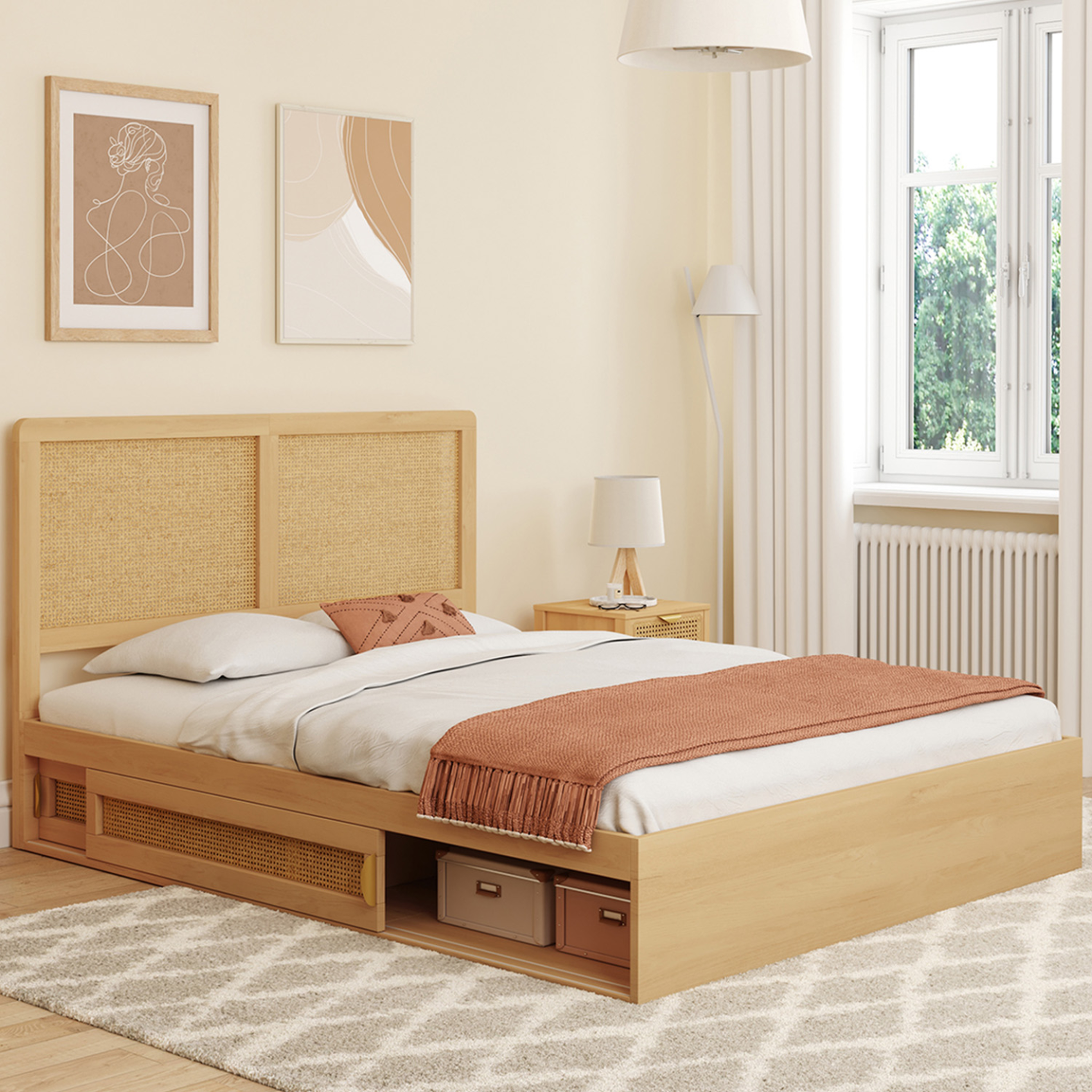 Voir la diapositive 2 : ID MARKET Lit double edhen avec rangements + tête de lit effet cannage naturel et sommier 140 x 190 cm coloris bois