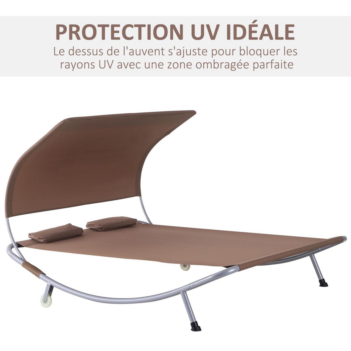 OUTSUNNY Bain de soleil 2 places lit de jardin design contemporain toit réglable 2 roulettes 2 oreillers acier époxy polyester marron