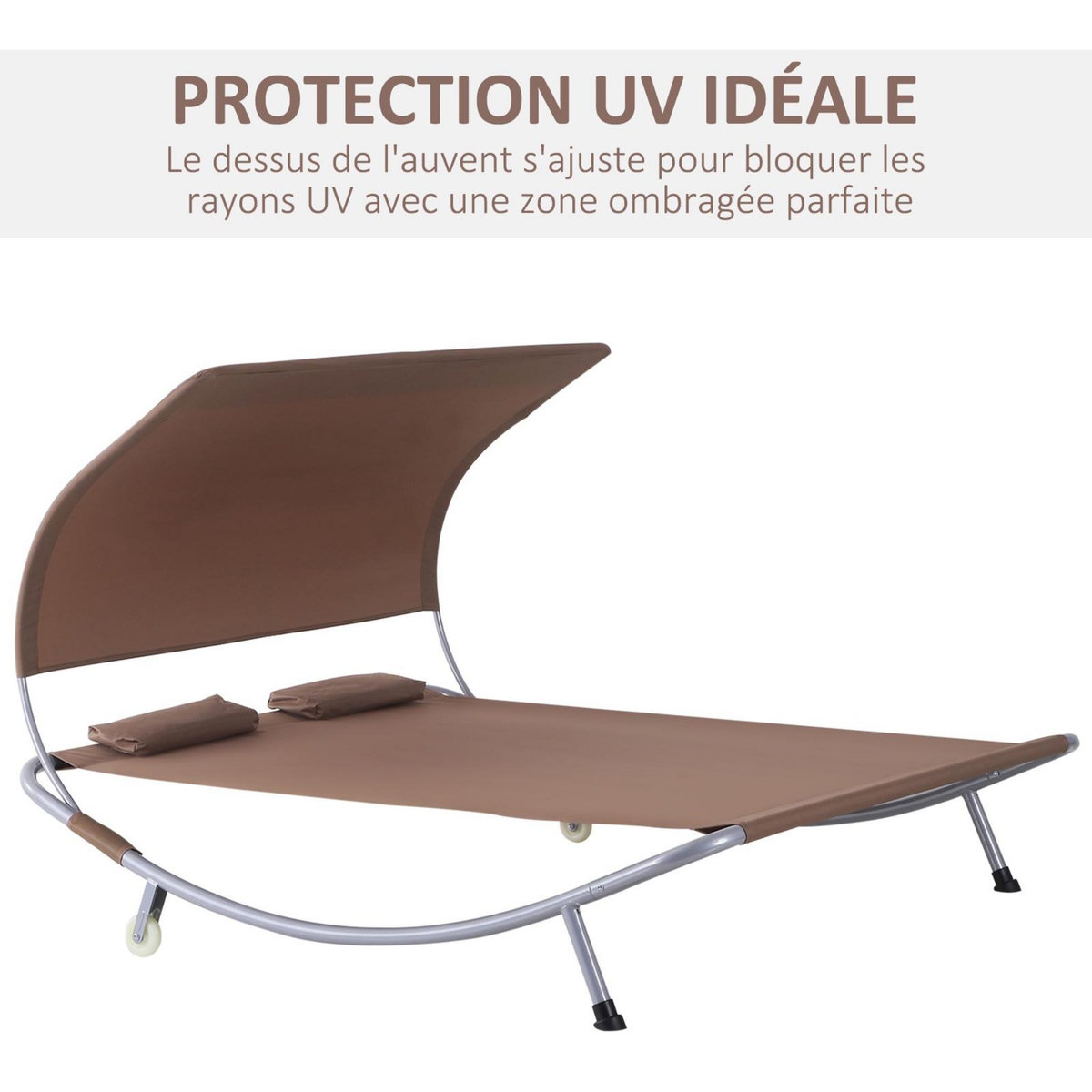 OUTSUNNY Bain de soleil 2 places lit de jardin design contemporain toit réglable 2 roulettes 2 oreillers acier époxy polyester marron