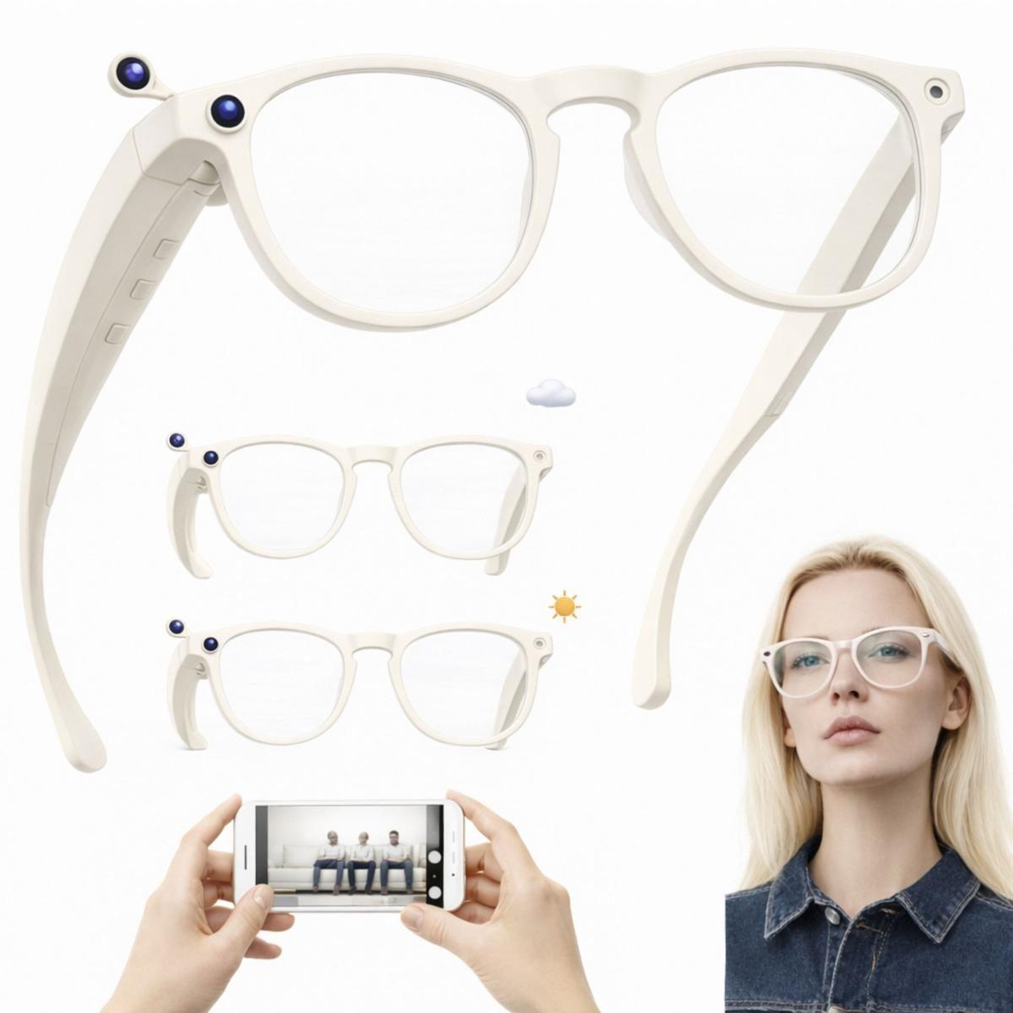Voir la diapositive 2 : SYNERFIT Lunettes caméra NASA Futura - 8 Mpx 1080p, Bluetooth 5.4, IA vocale - Blanc / Incolore