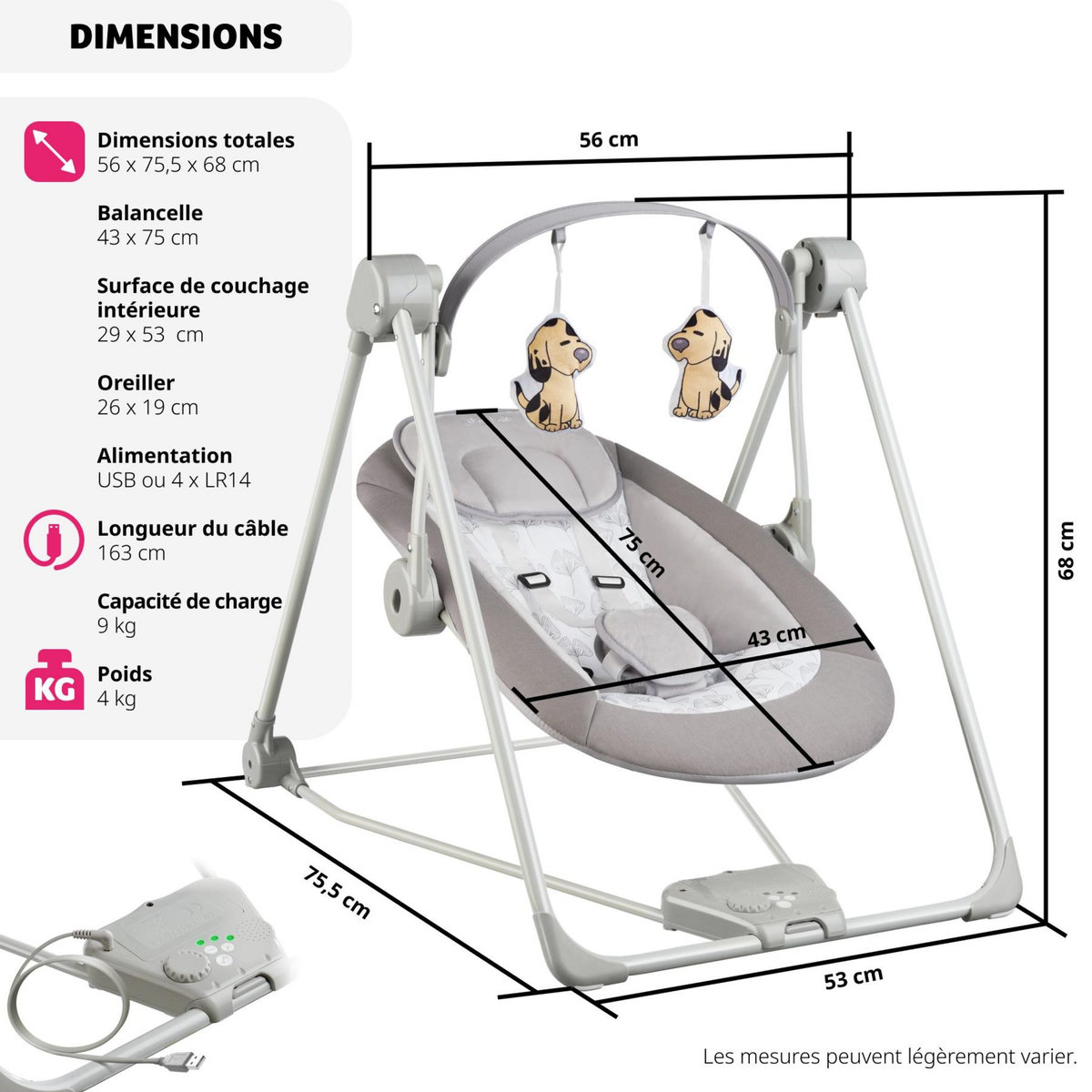 tectake Balancelle pour bébé pliable avec technologie TrueSpeed avec 5 niveaux de vitesse gris clair
