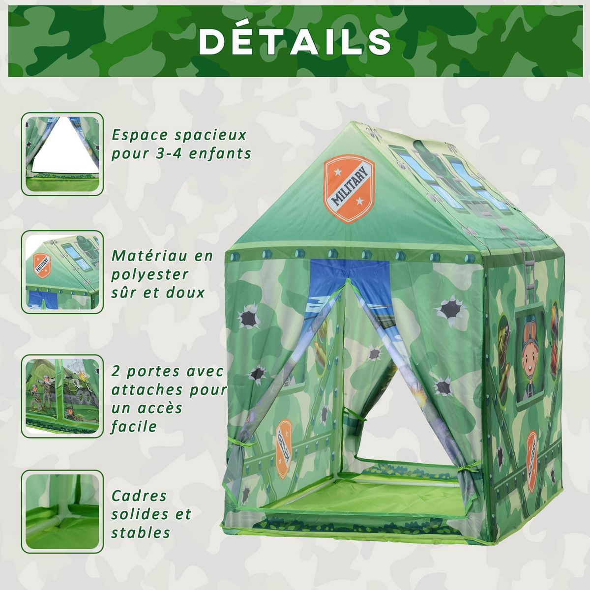 HOMCOM Tente enfant tente de jeu tente militaire dim. 93L x 69l x 103H cm 2 portes polyester vert