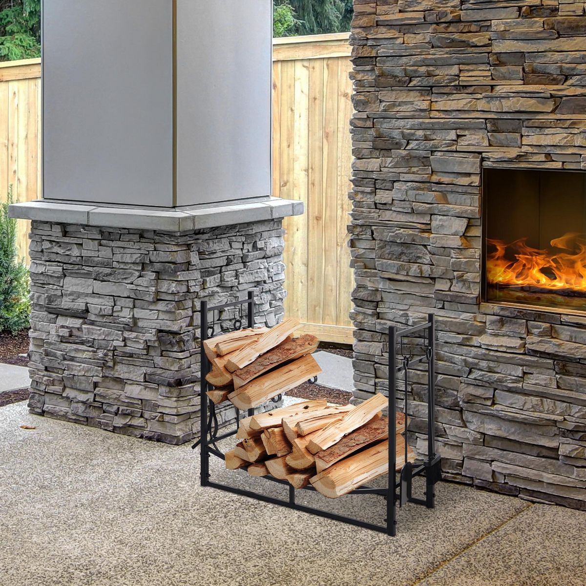 OUTSUNNY Serviteur de cheminée - porte bûches - range bûches multi accessoires étagère bûche et petit bois métal noir