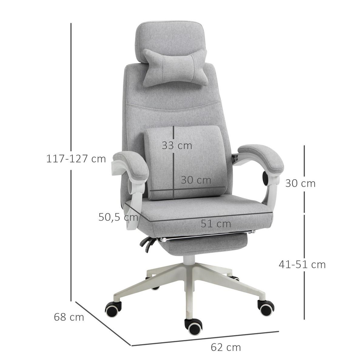 VINSETTO Fauteuil de bureau manager grand confort dossier réglable repose-pied coussin lombaire roulettes 360° lin 62L x 68P x 127H cm gris