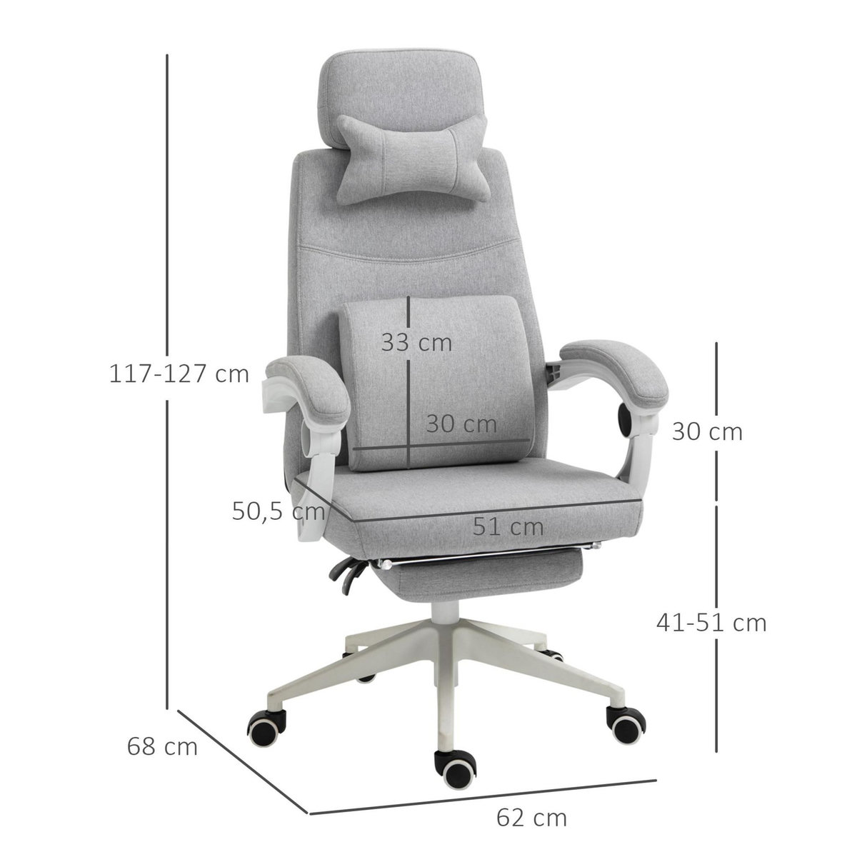 VINSETTO Fauteuil de bureau manager grand confort dossier réglable repose-pied coussin lombaire roulettes 360° lin 62L x 68P x 127H cm gris