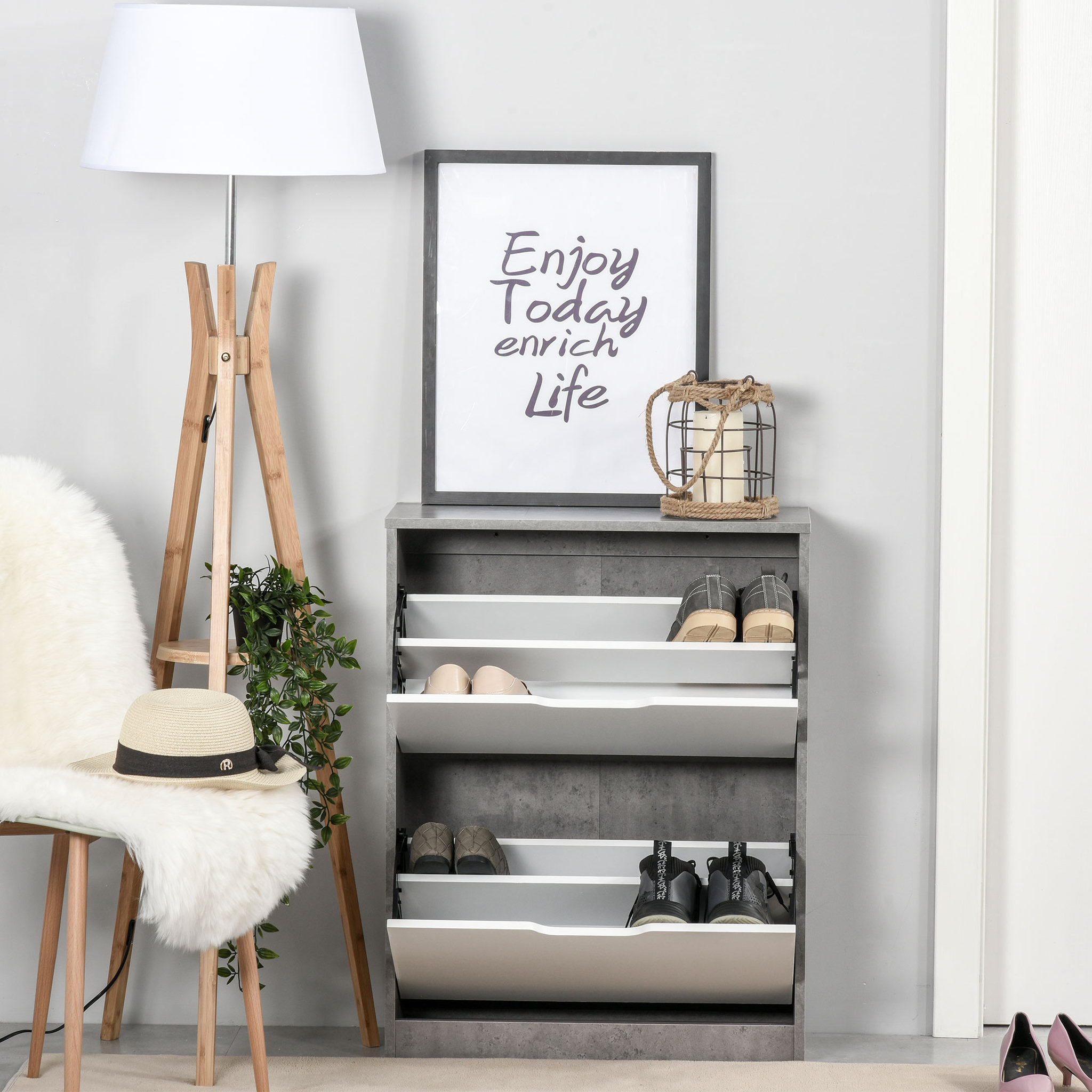 Voir la diapositive 2 : HOMCOM Armoire à chaussures meuble à chaussures dim. 62L x 26l x 81H cm 2 portes abattantes blanc effet béton ciré