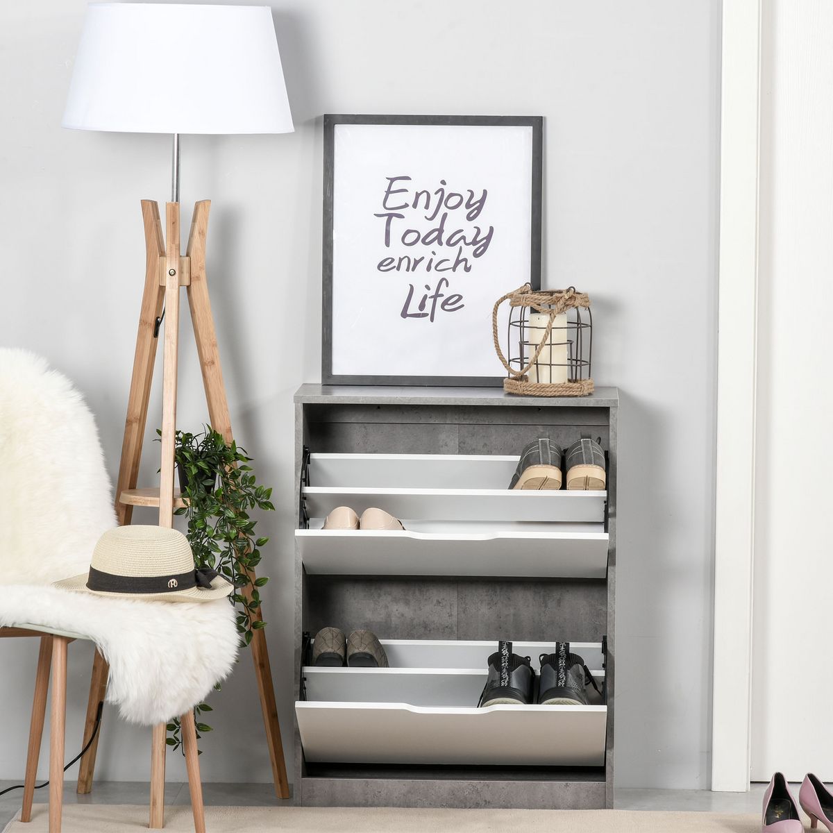 HOMCOM Armoire à chaussures meuble à chaussures dim. 62L x 26l x 81H cm 2 portes abattantes blanc effet béton ciré