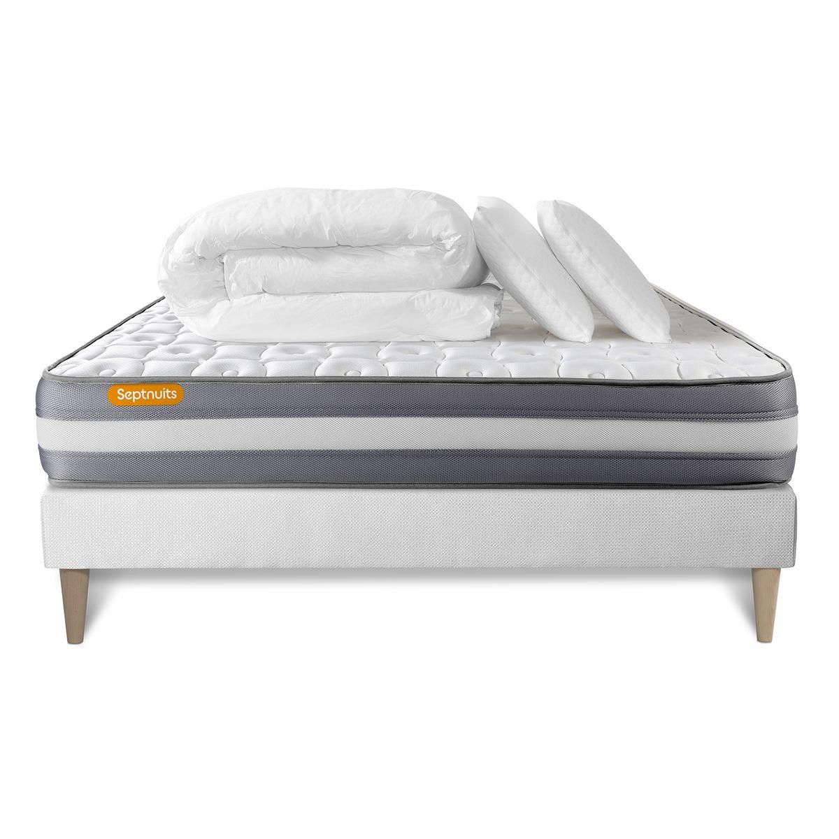 SEPTNUITS PACK matelas + sommier kit blanc Memo Plus Mémoire de forme + 2 oreillers + couette