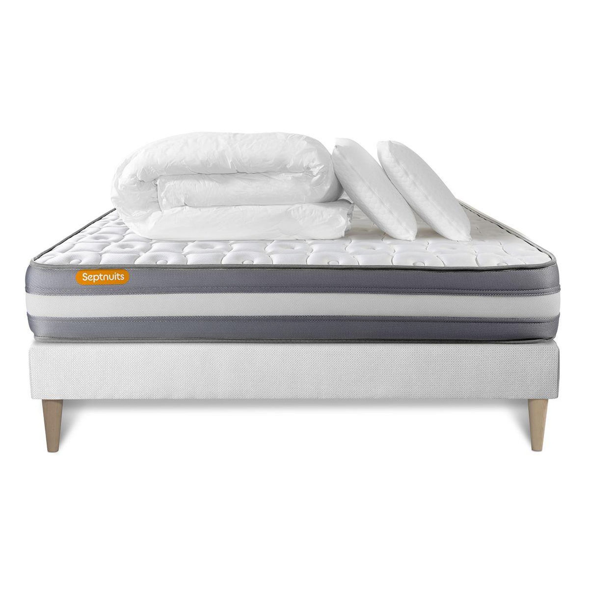 SEPTNUITS PACK matelas + sommier kit blanc Memo Plus Mémoire de forme + 2 oreillers + couette