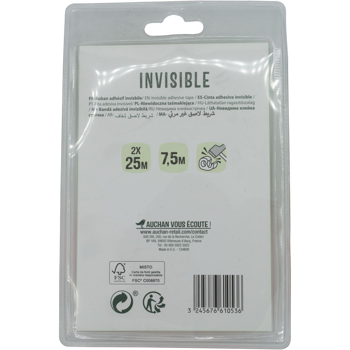 AUCHAN Rouleau ruban adhésif 25m invisible avec dévidoir orange + 2 rouleaux