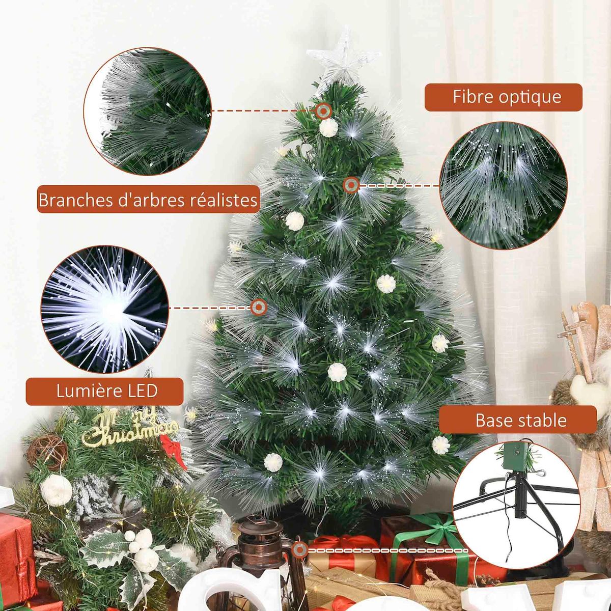 HOMCOM Sapin de Noël artificiel lumineux fibre optique LED + 20 ampoules + support pied Ø 63 x 120H cm 130 branches étoile sommet brillante vert