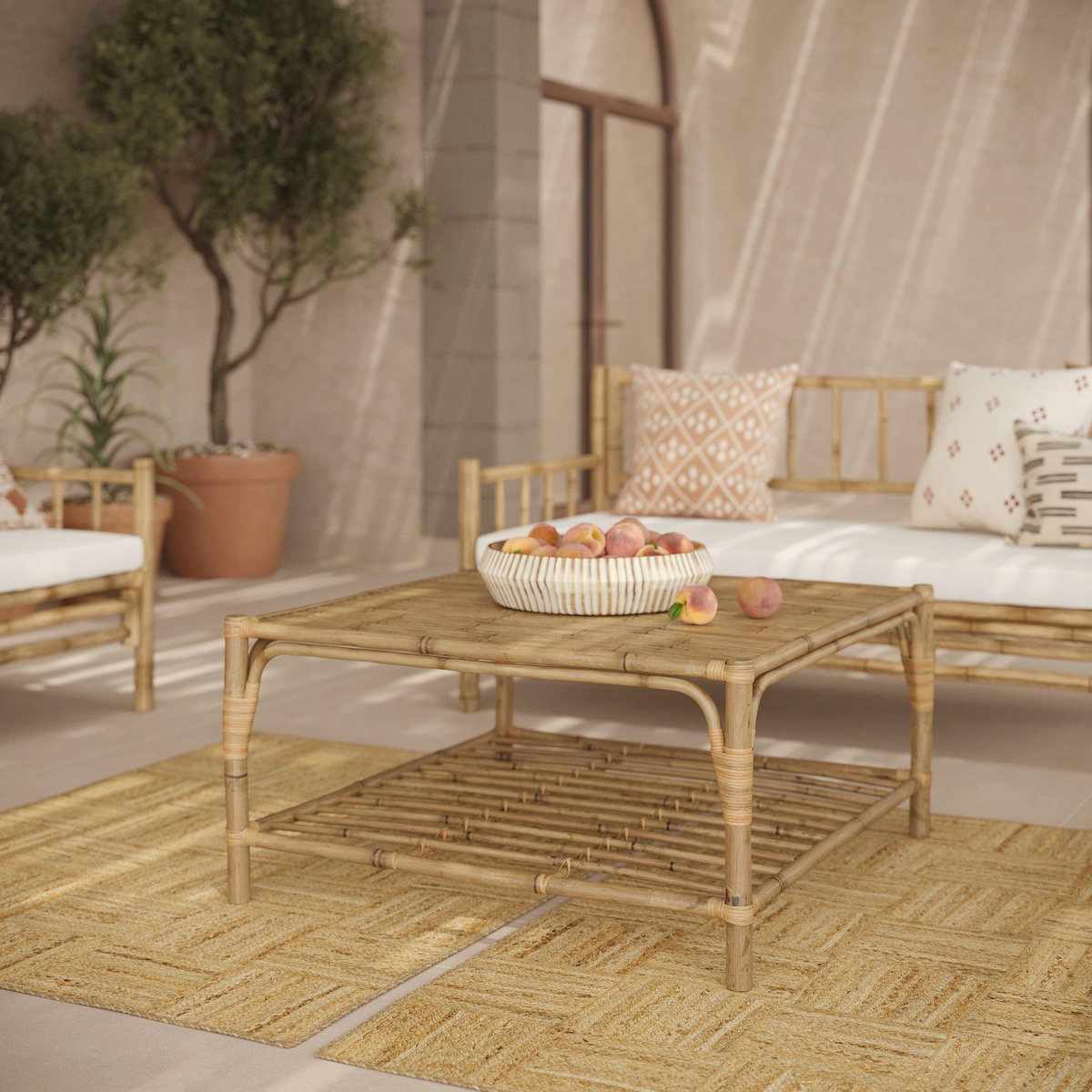 Rendez vous déco Salon de jardin blanc 4 personnes en bambou, table basse carré-Vadella