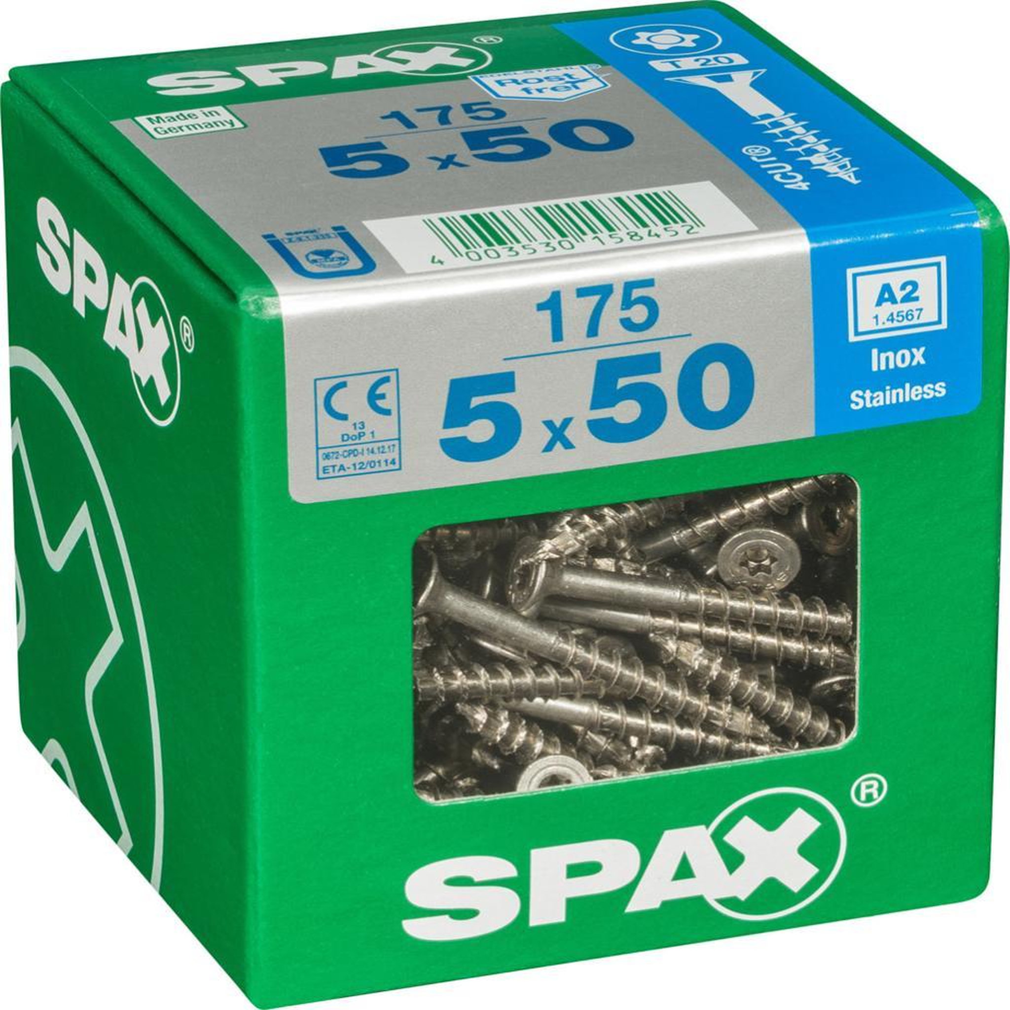 CENTRALE BRICO Lot de 175 vis inox tête fraisée torx spax, diam.5 mm x l.50 mm