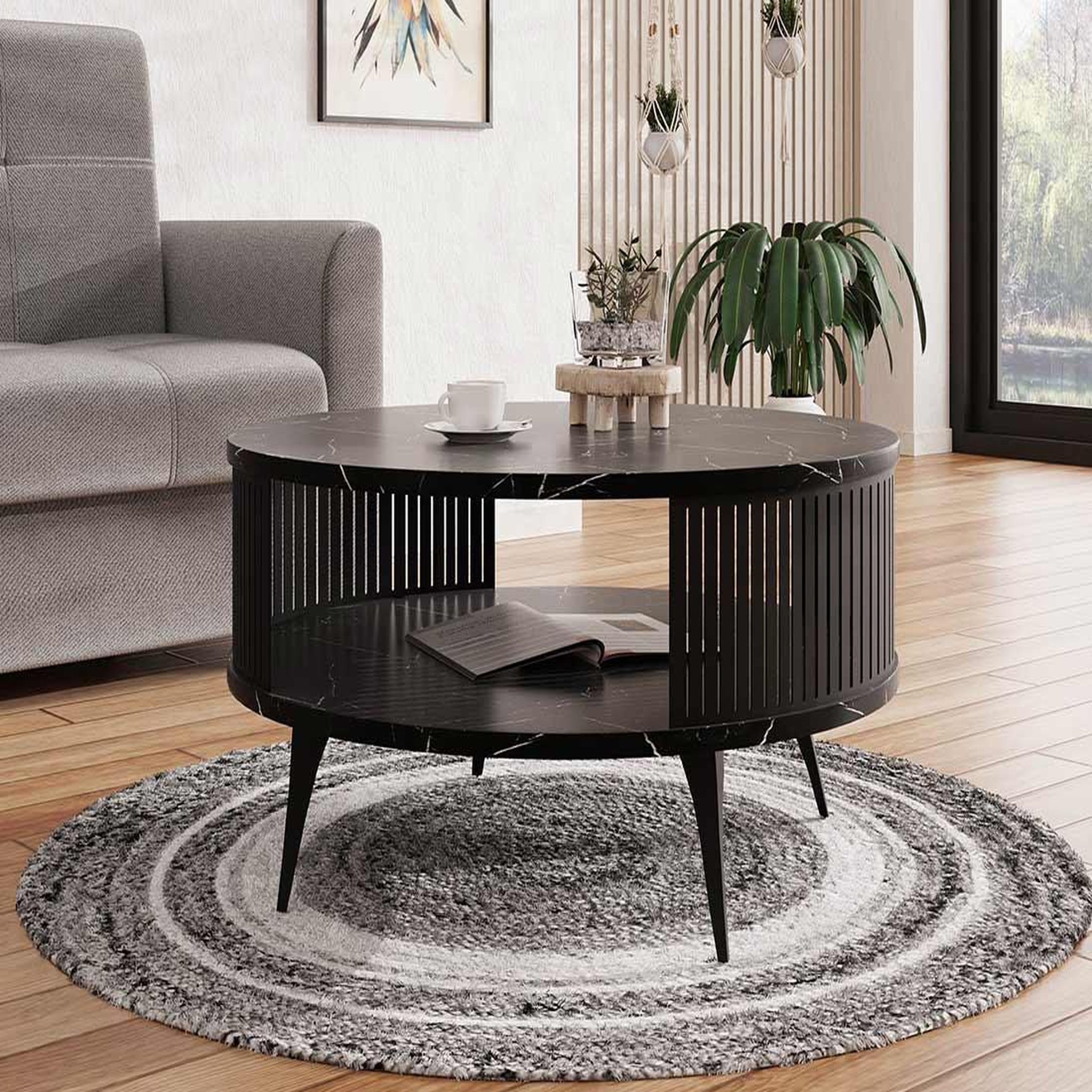 Voir la diapositive 3 : BEST MOBILIER Forini - table basse ronde - effet marbre noir - 1 niche - 75 cm