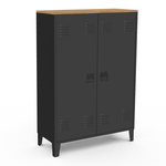 ID MARKET Armoire basse ESTER 2 portes métal noir et plateau bois design industriel
