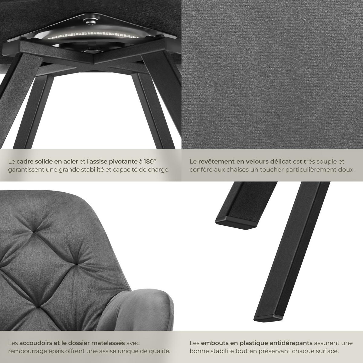 tectake Fauteuil pivotant en velours avec accoudoirs rembourré avec motif matelassé gris anthracite Lot de 6