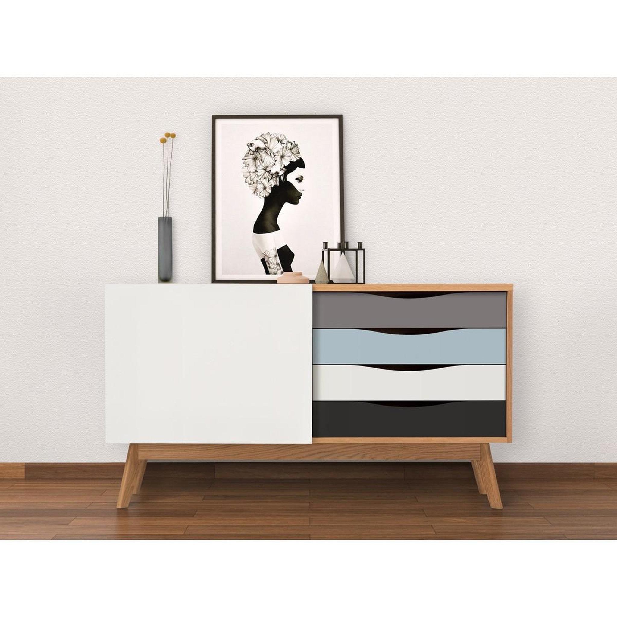 Voir la diapositive 5 : Paris Prix Buffet 4 tiroirs & 1 porte  avon  128cm chêne & bleu