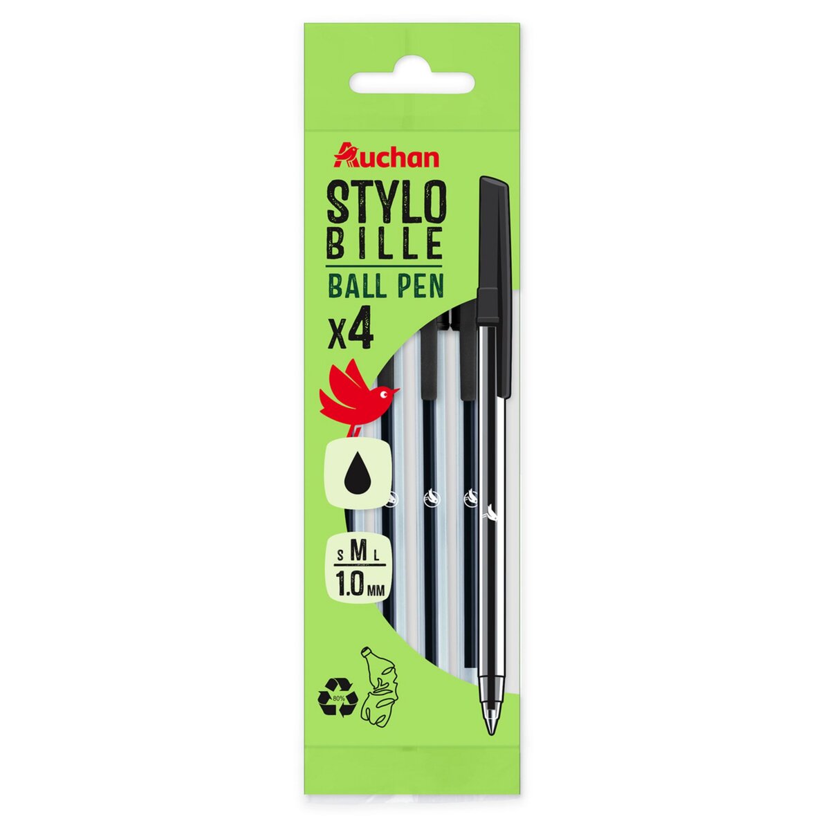 AUCHAN Lot de 4 stylos bille pointes moyennes encre noire pas cher