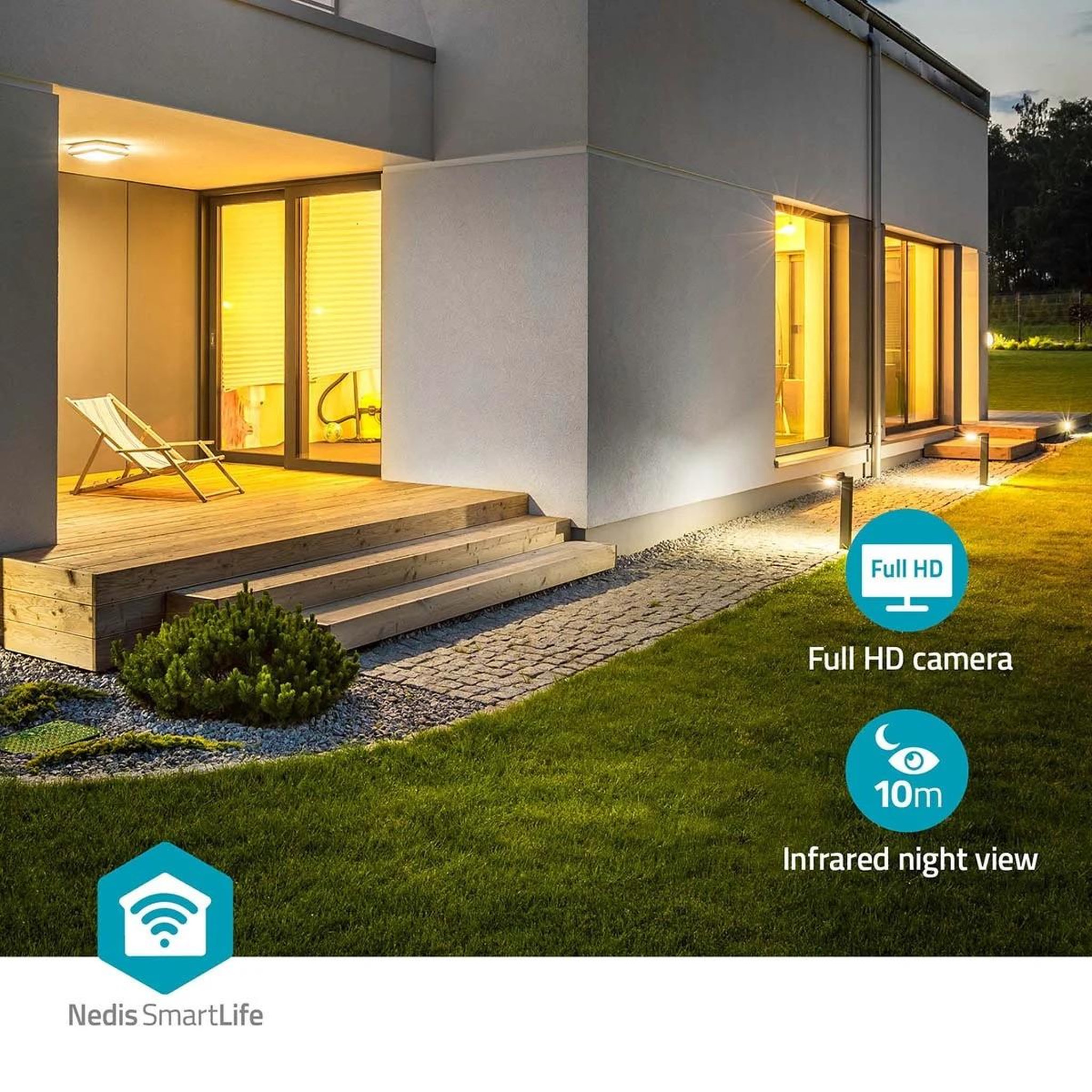 Voir la diapositive 5 : NEDIS Caméra de sécurité Extérieure Wi-Fi Full HD Détection de mouvement Vision Nocturne éclairage 1000 lumens IP65  Nedis