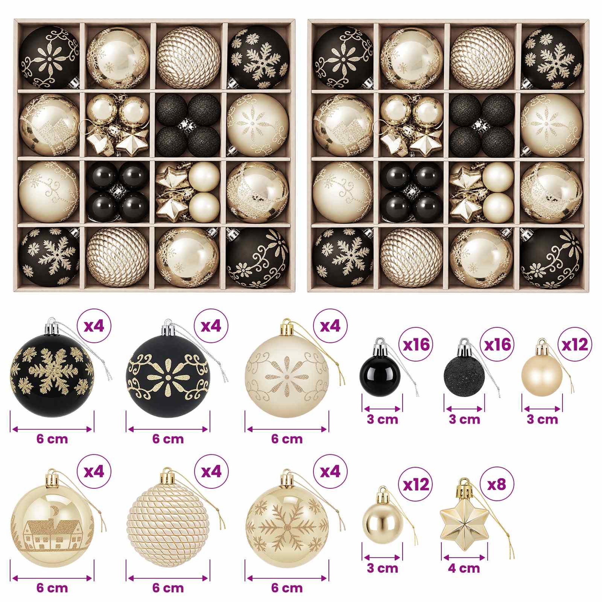 Voir la diapositive 3 : VIDAXL Ensemble de boules de Noël 88 pc Noir et Or Diam. 6 cm