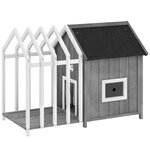 PAWHUT Niche villa pour chien sur pied - terrasse, claustra, auvent, porte, fenêtre, toit bitumé - bois blanc gris