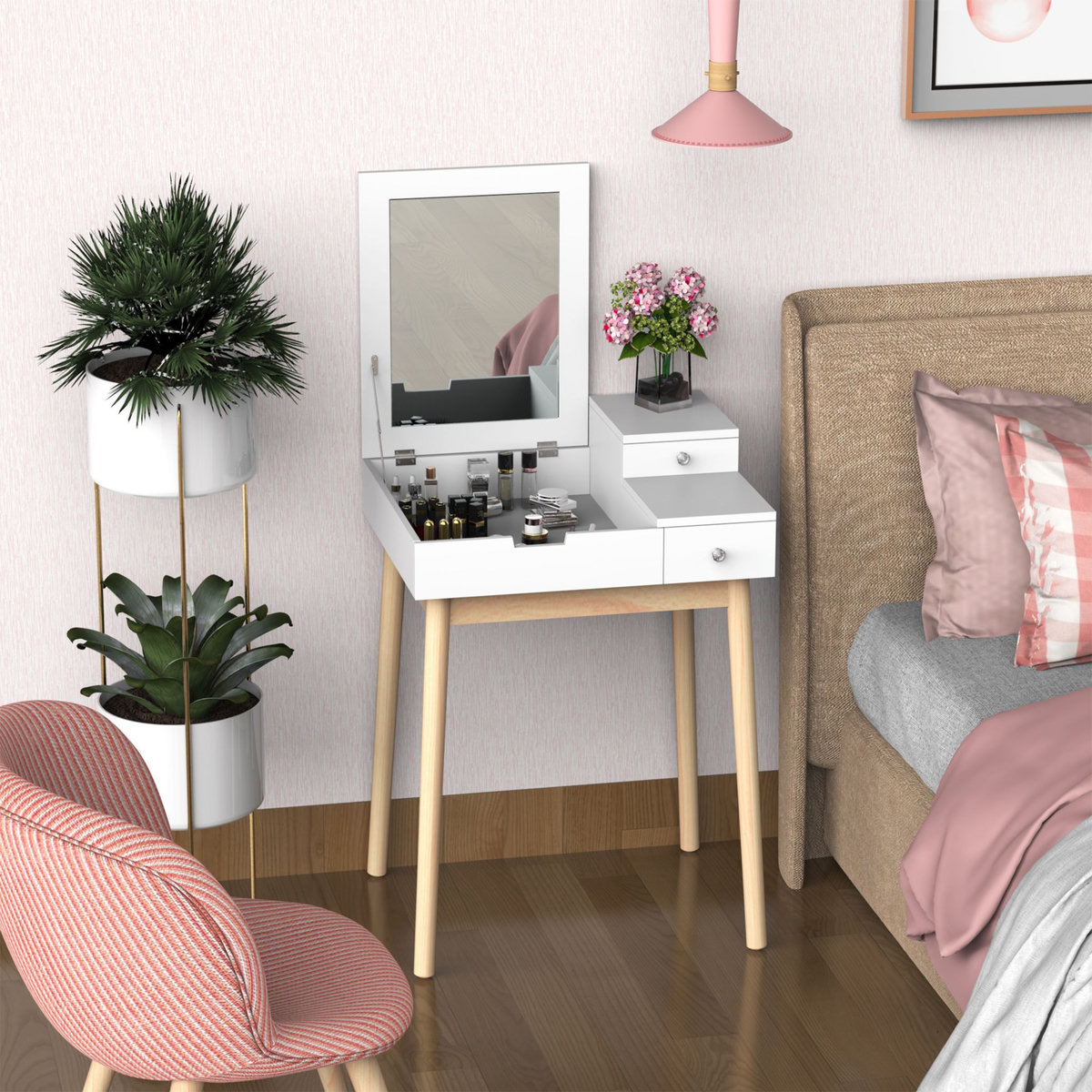 HOMCOM Coiffeuse design scandinave table de maquillage multi-rangements miroir pliable 60L x 50l x 86H cm pin et MDF blanc