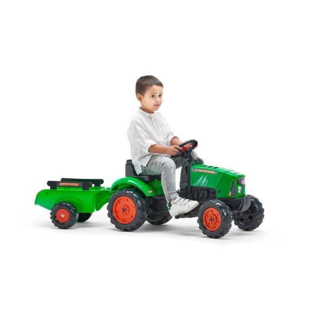 FALK FALK - Tracteur a pedales Supercharger rouge avec capot ouvrant et remorque