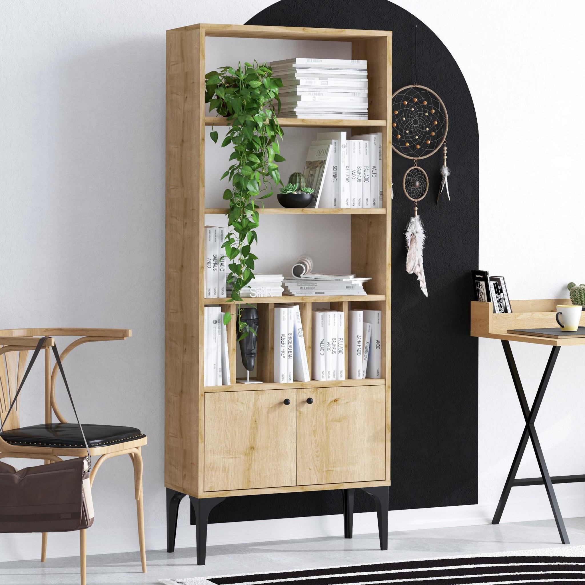 Voir la diapositive 2 : Habitat et Jardin Bibliothèque en bois  Pollux  - 60 x 30 x 175 cm - Chêne Saphir
