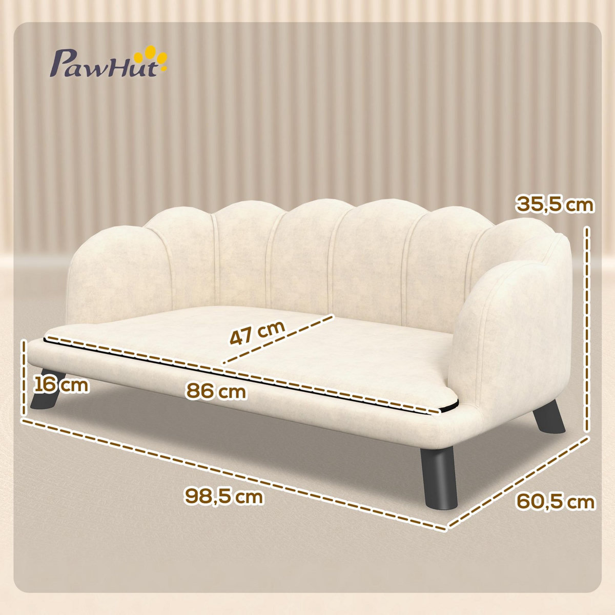 PAWHUT Canapé chien lit pour chien chat design contemporain coquillage dim. 98L x 60l x 35H cm coussin moelleux velours crème