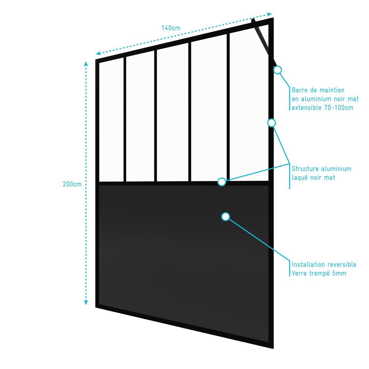 Aurlane Paroi de douche à l'italienne style verrière 140x200 cm - BLACK INDUS 140