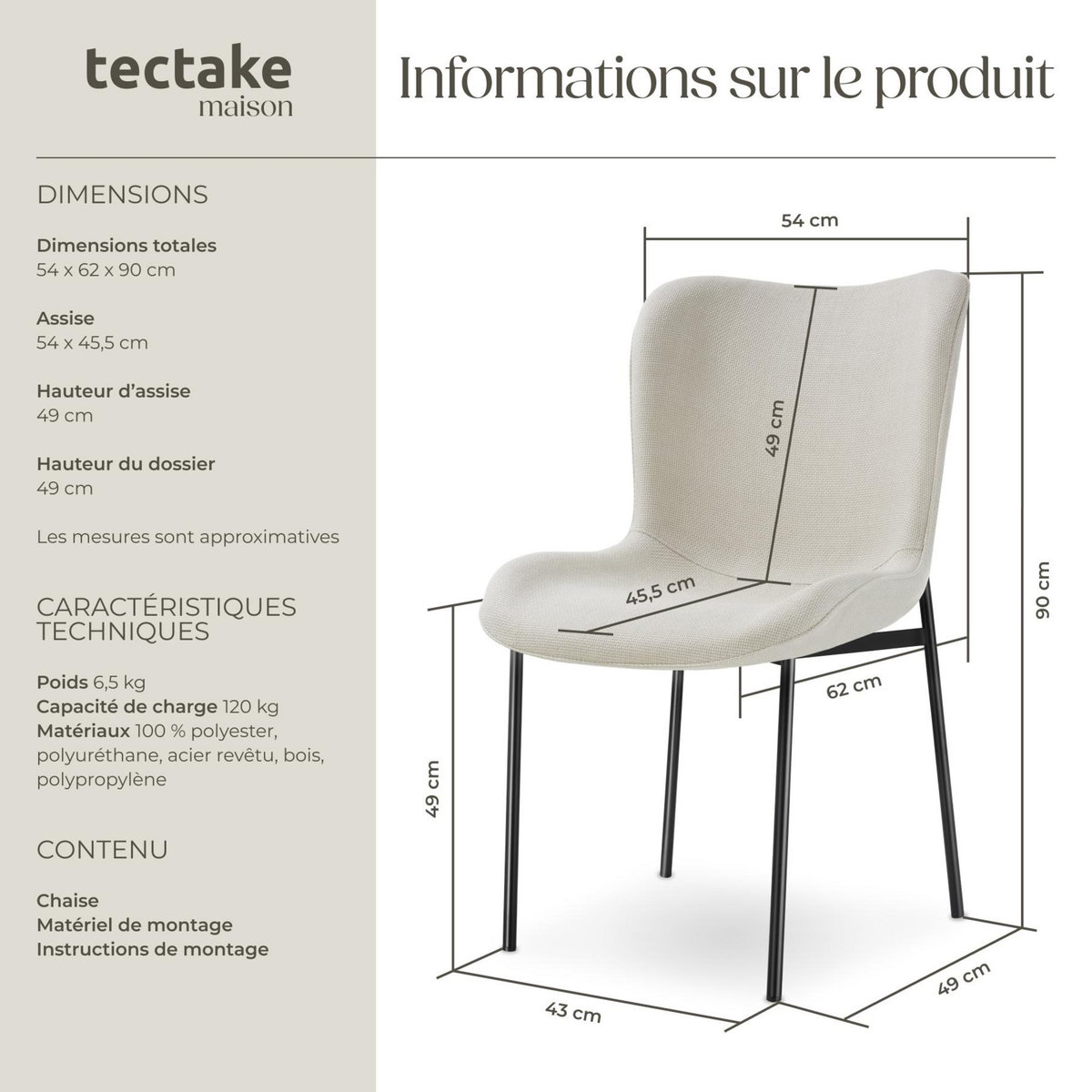tectake Chaise rembourrée forme ergonomique avec dossier haut Tissu blanc cassé/noir