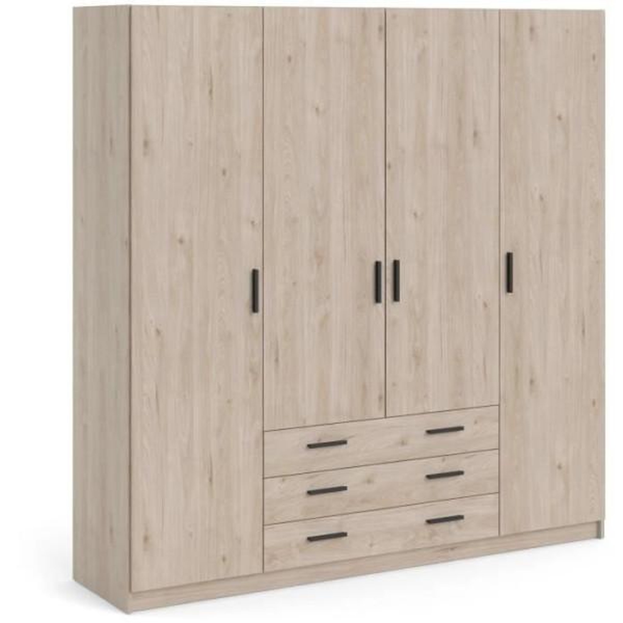 Armoire VEGA - Décor Chene Jackson - 4 portes + 3 tiroirs - L 195,5 x P 49,6 x H 200,4 cm