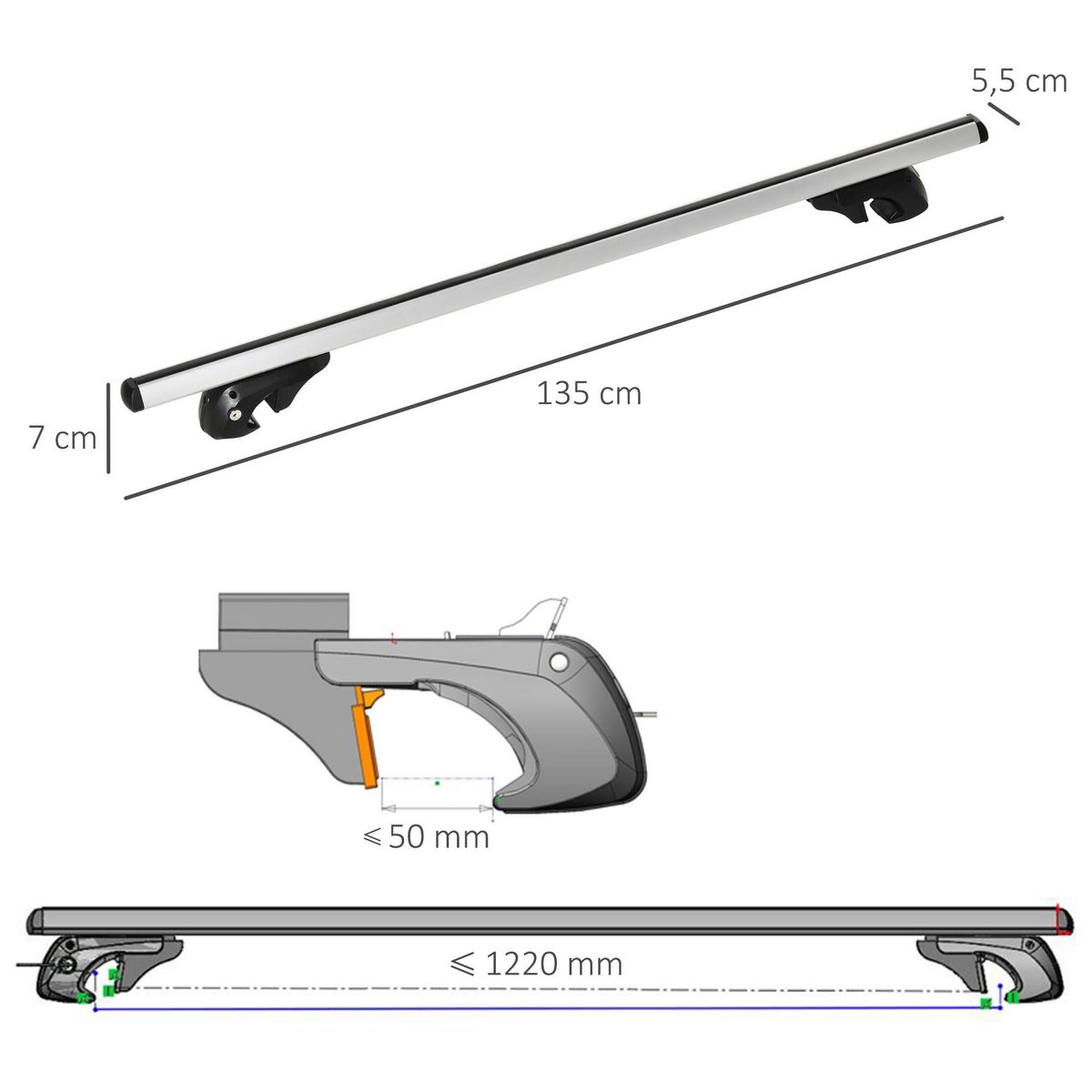 HOMCOM Barres de toit de voiture verrouillables 2 clés fournies dim. 135L x 5,5l x 7H cm aluminium noir