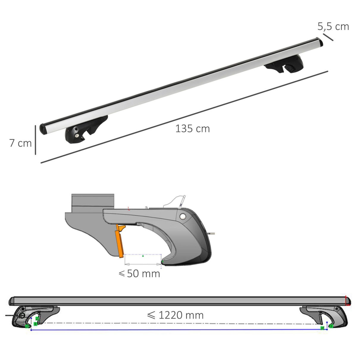 HOMCOM Barres de toit de voiture verrouillables 2 clés fournies dim. 135L x 5,5l x 7H cm aluminium noir