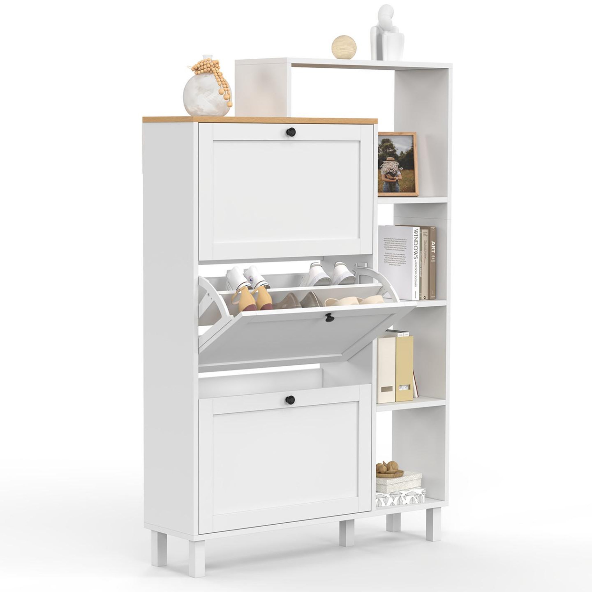 ID MARKET Meuble à chaussures 18 paires achille 3 portes blanc et plateau bois avec étagère
