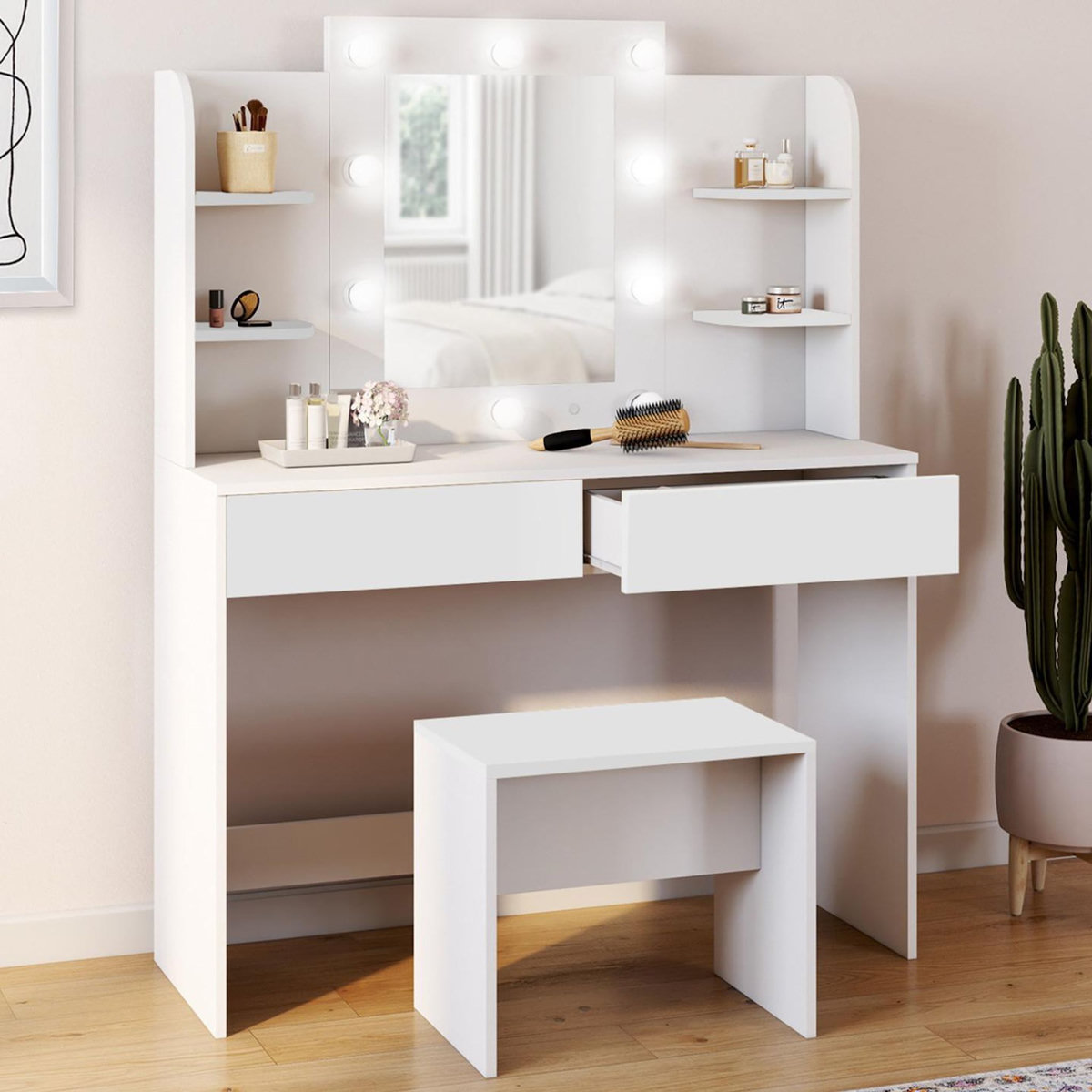 ID MARKET Coiffeuse ZELIA blanche table de maquillage 4 étagères, miroir LED et tabouret