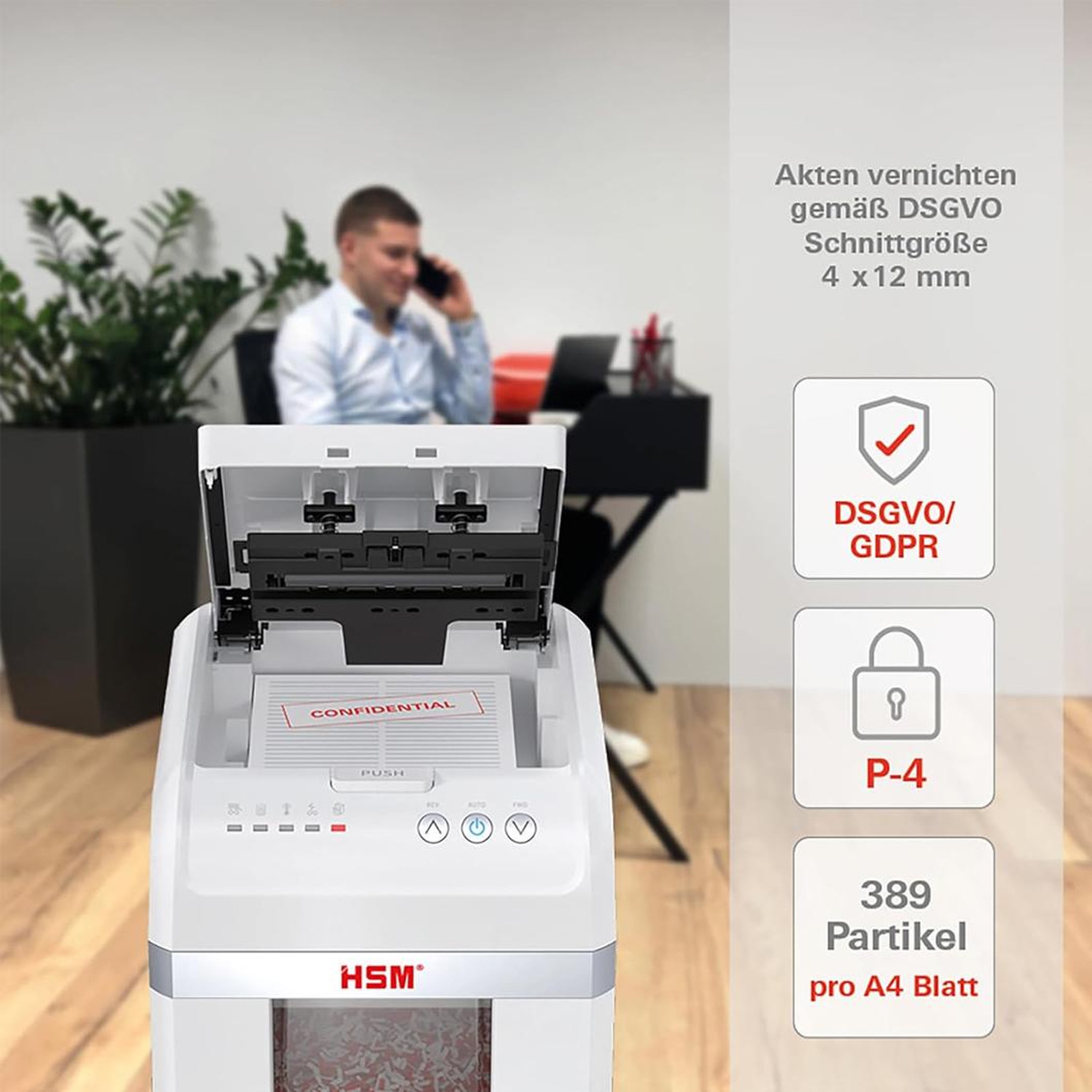 Voir la diapositive 5 : Hsm Destructeur de documents 200 feuilles coupe en particules 4x12mm - 1035111