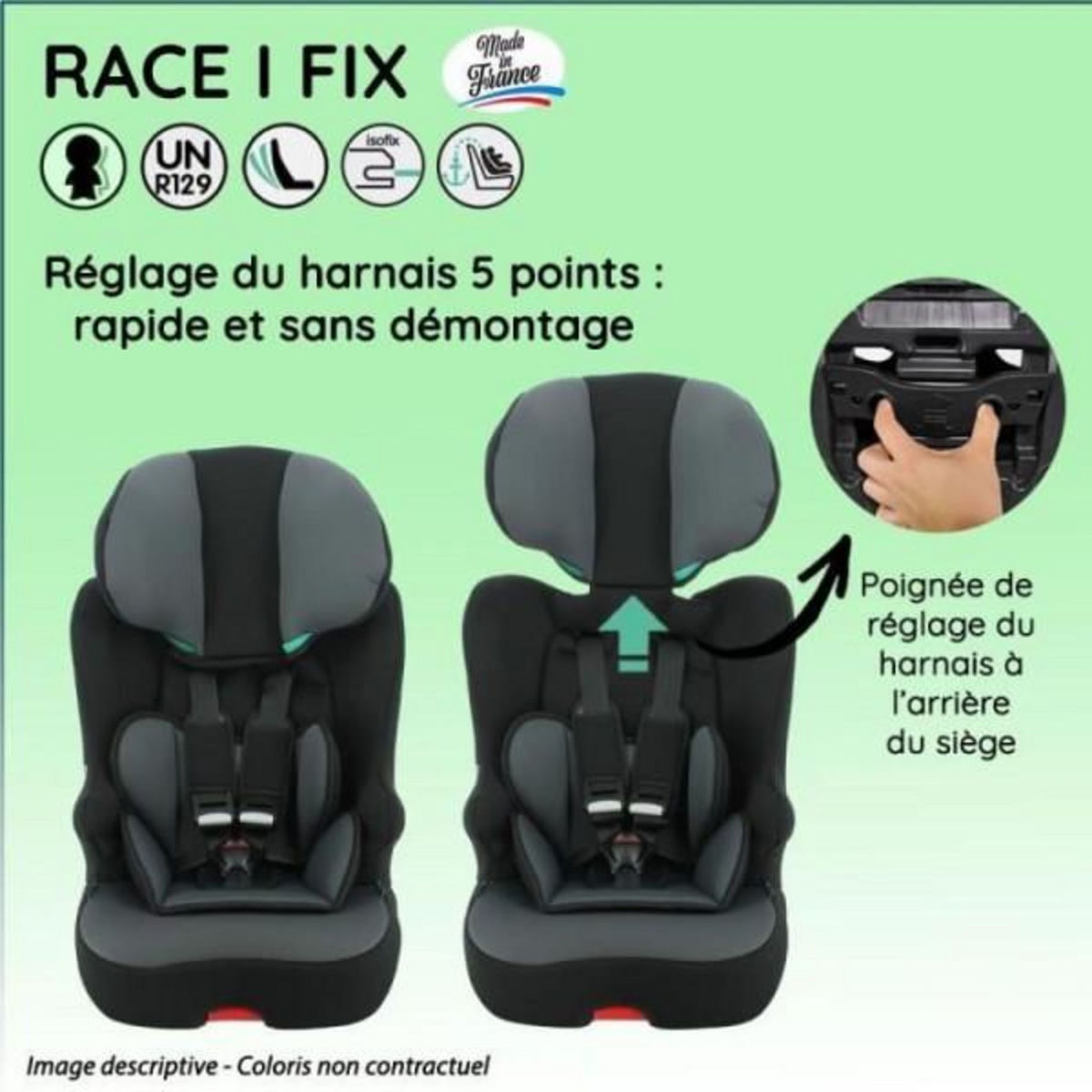NANIA Siege Auto  isofix NANIA RACE I FIX 76-140 cm R129 –de 3 a 10 ans – Tetiere réglable - Base inclinable - Noir - Fabrication