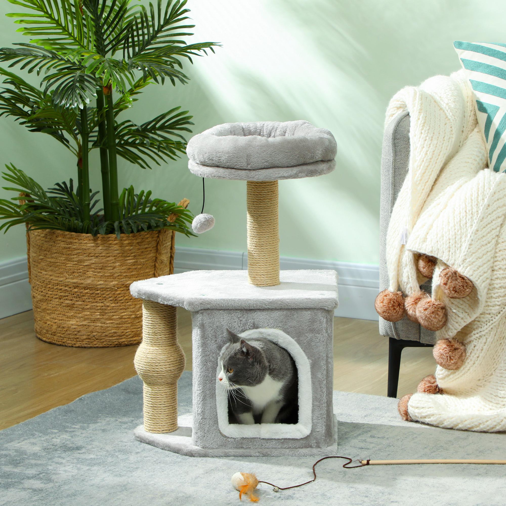 Voir la diapositive 4 : PAWHUT Arbre à chat h.66 cm poteaux à griffer jute lit maison chat plateforme balle de jeu gris