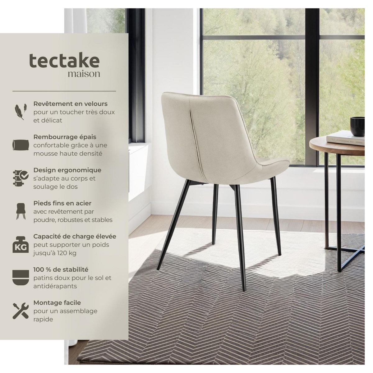 tectake Lot de chaises rembourrées aspect velours crème Lot de 8