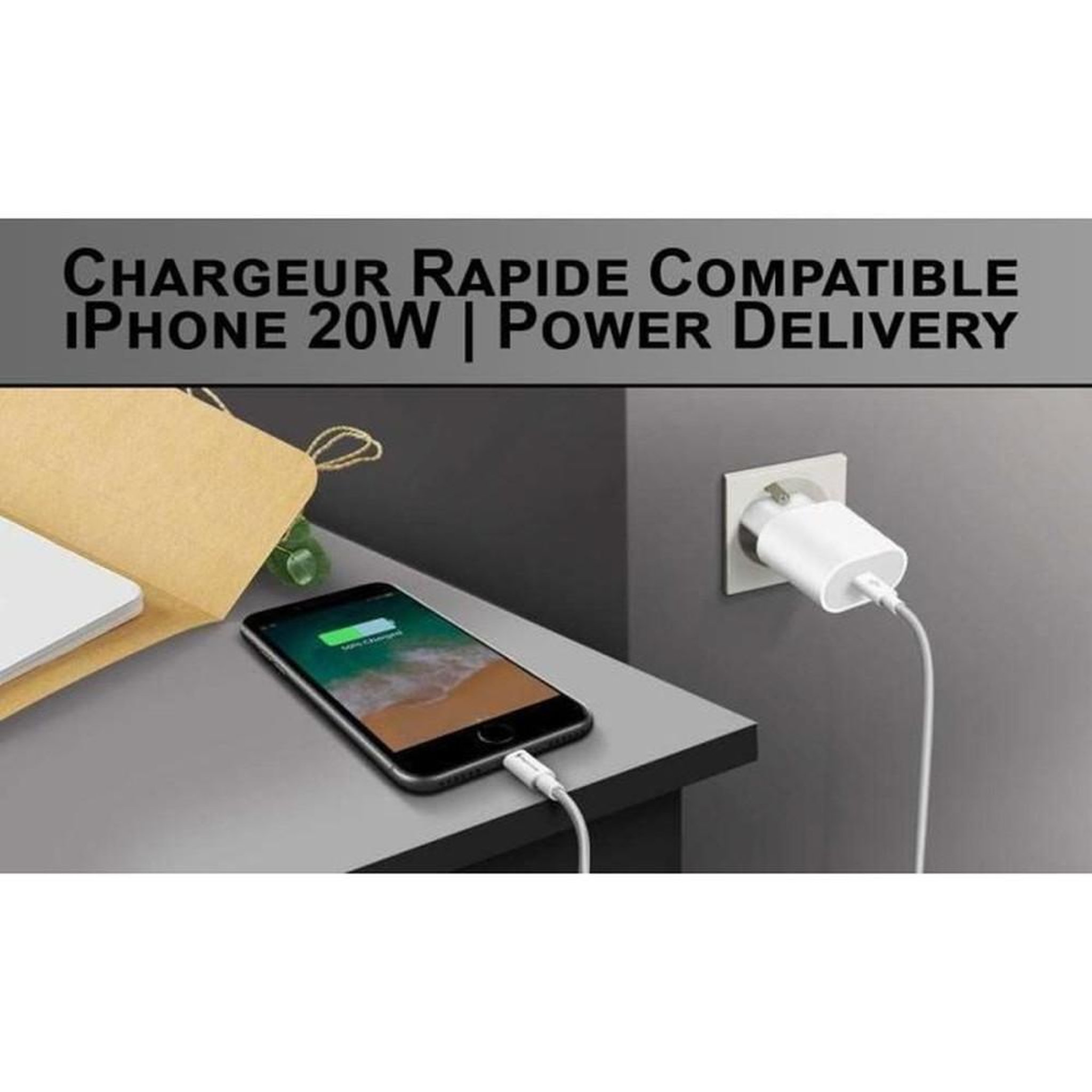 Voir la diapositive 2 : Chargeur mural rapide USB-C vers Lightning 20W avec câble 1 m