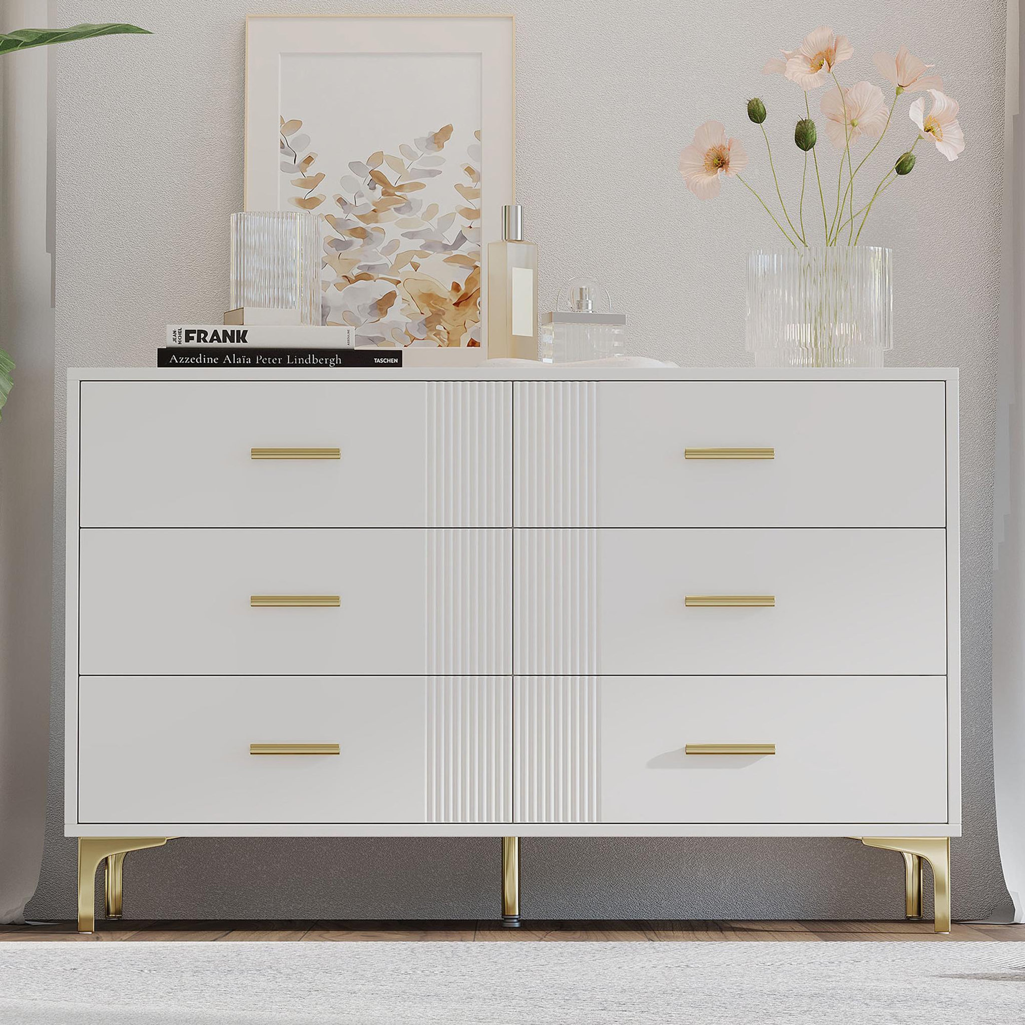 Voir la diapositive 2 : MERAX Commode 6 tiroir(s) 0 niche(s) coloris blanc largeur 120 cm mdf